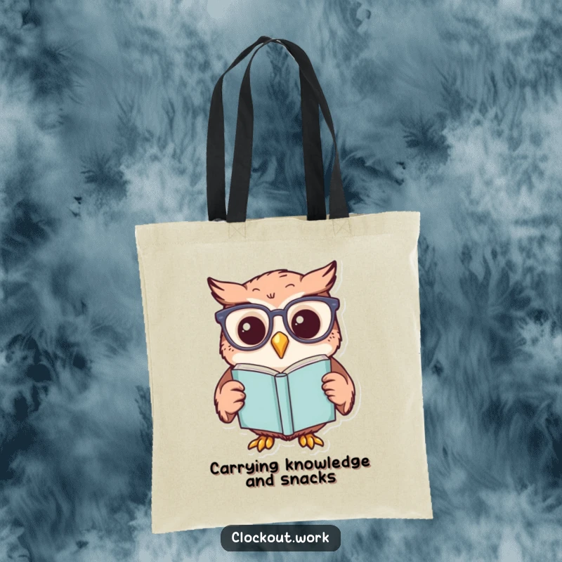 Funny tote bag depicting a cheerful owl with tiny reading glasses, diligently reading a book, practical funny gift.