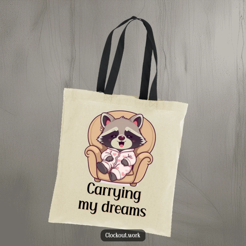 Funny tote bag featuring a sleepy raccoon wearing pajamas, yawning happily in a cozy armchair, perfect for carrying items.