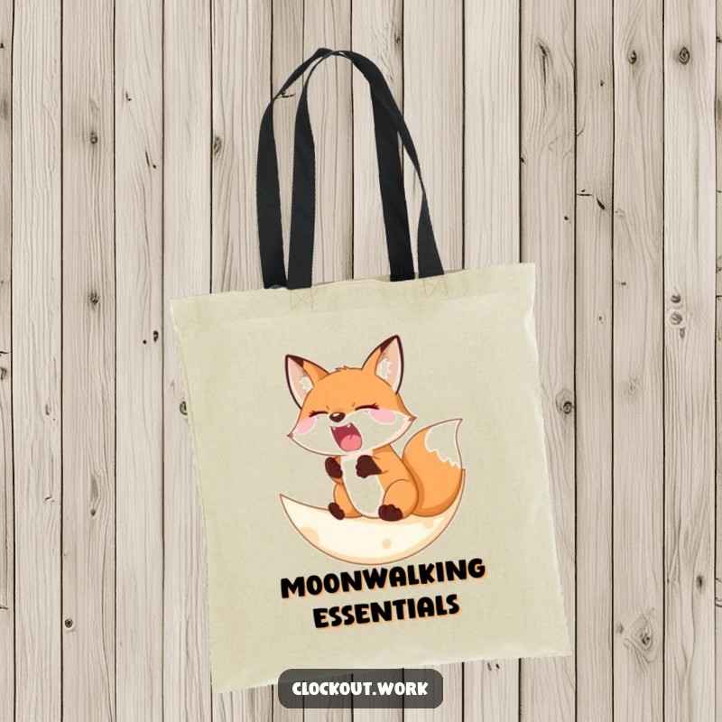 Funny Tote Bag with a sleepy fox yawning widely on a soft crescent moon, perfect for carrying cozy night essentials.